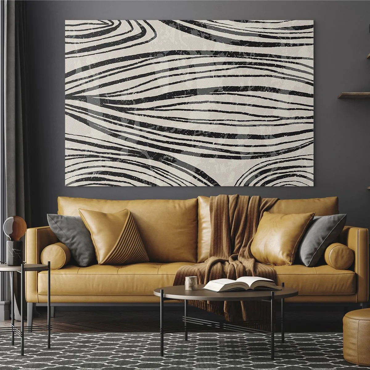 Quadro su vetro - Onde di linee nere su uno sfondo chiaro - 70x50cm - Una palude di linee - Decorazione murale moderna per soggiorno e camera da letto ARTTOR