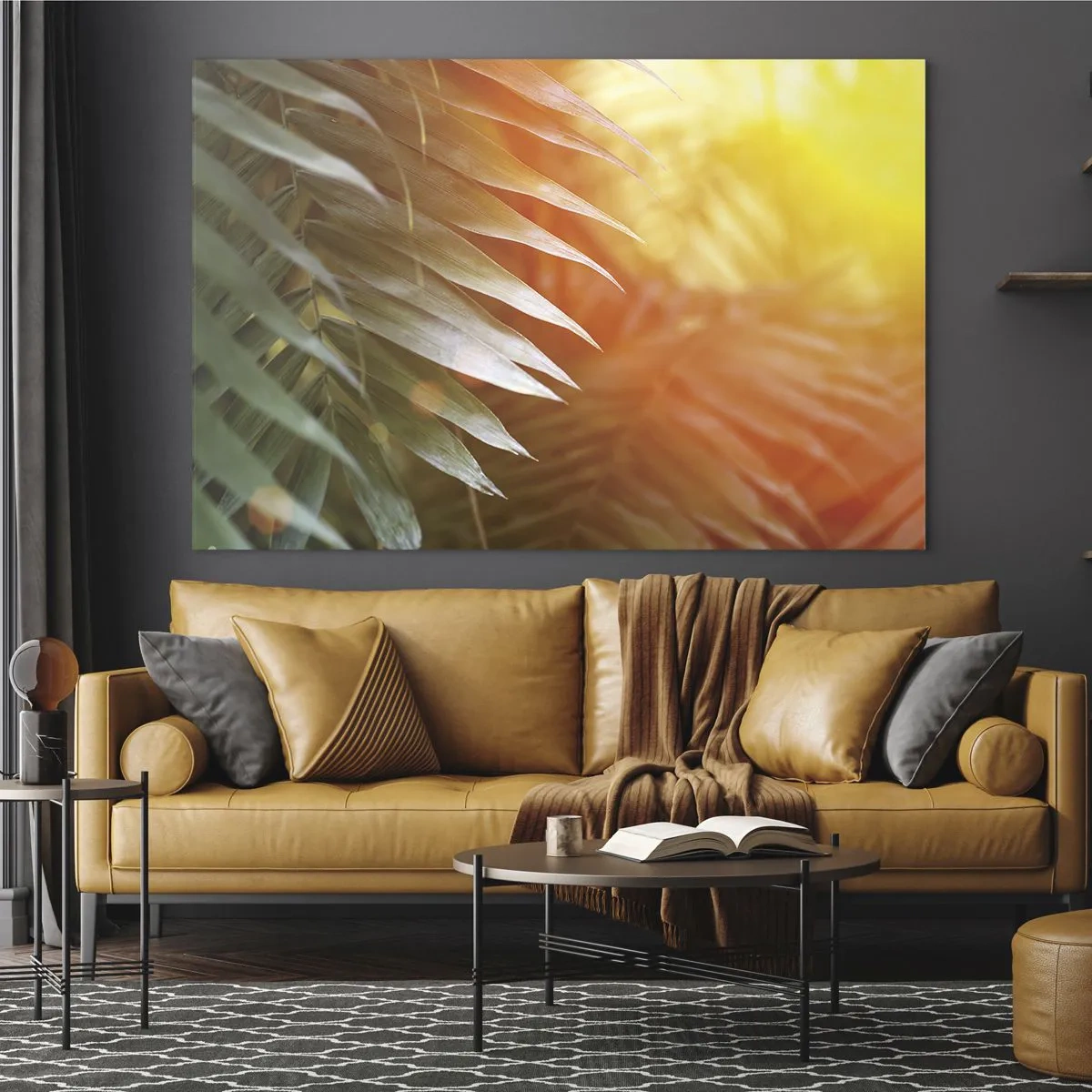 Quadro su vetro - Foglie di palma al chiarore del sole mattutino in un ambiente tropicale - 70x50cm - L'alba nella giungla - Decorazione murale moderna per soggiorno e camera da letto ARTTOR