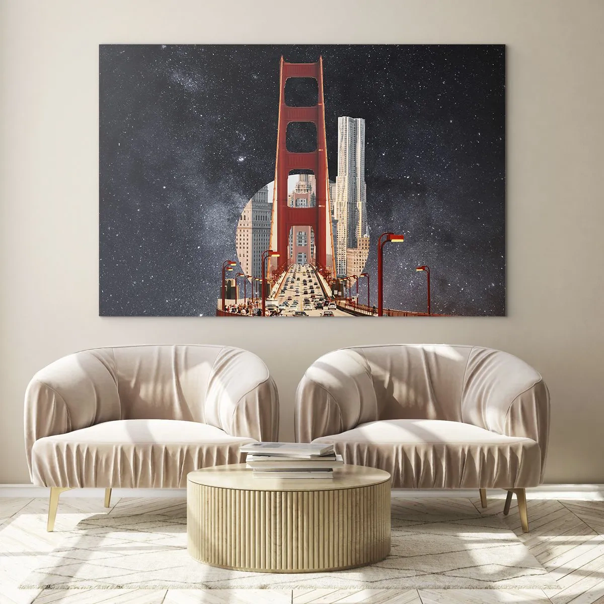 Quadro su vetro - Ponte e grattacieli sullo sfondo di una galassia surreale - 70x50cm - Sempre al centro - Decorazione murale moderna per soggiorno e camera da letto ARTTOR