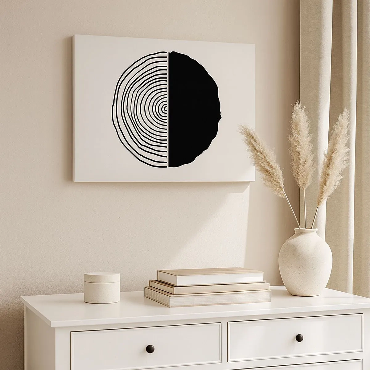 Quadro su tela - Stampe su Tela - Un motivo astratto in bianco e nero ispirato a una sezione trasversale di legno con una divisione geometrica. - 70x50cm - A metà - Decorazione murale moderna per soggiorno e camera da letto ARTTOR
