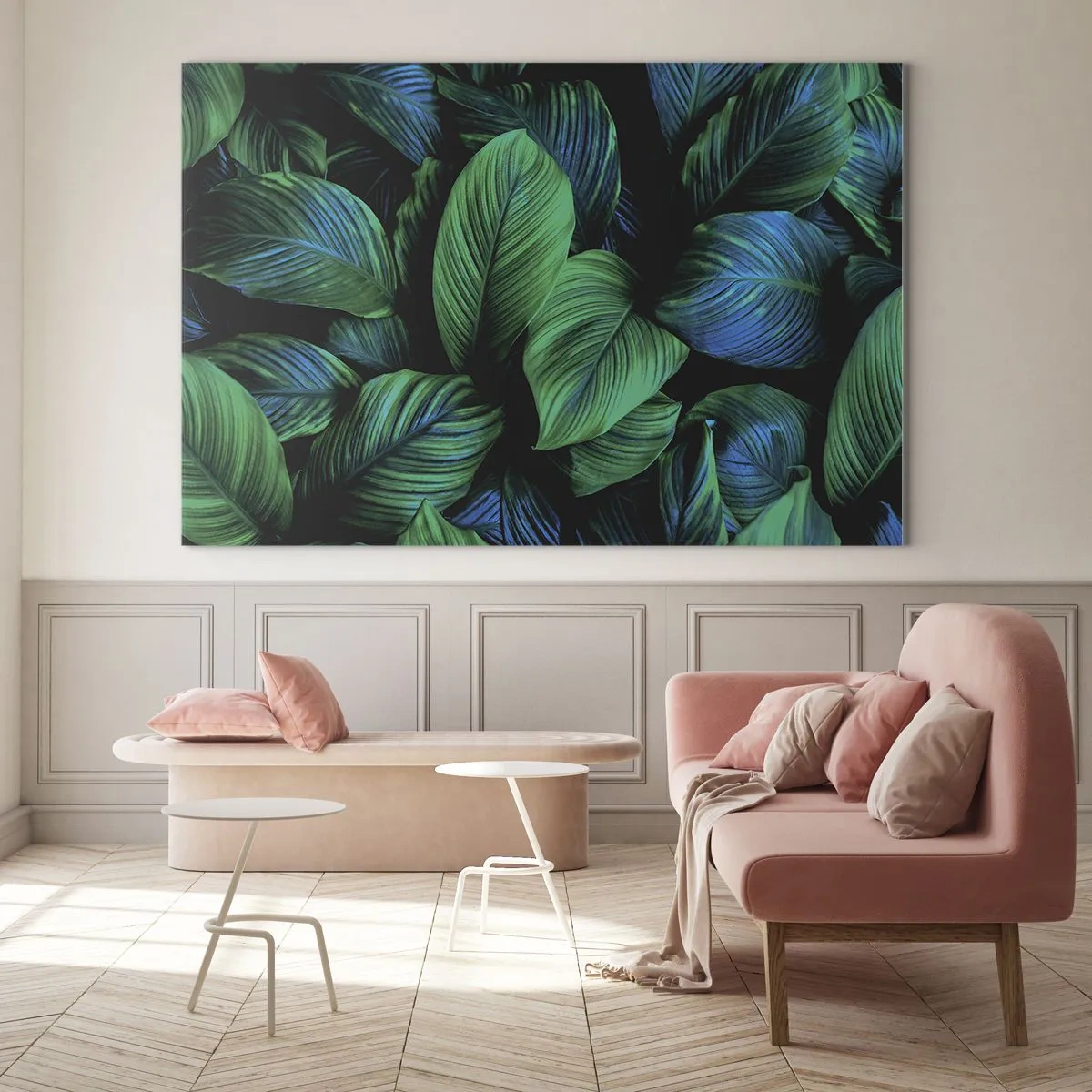 Quadro su vetro - Primo piano delle foglie in intense tonalità di verde - 70x50cm - Nella folla verde - Decorazione murale moderna per soggiorno e camera da letto ARTTOR