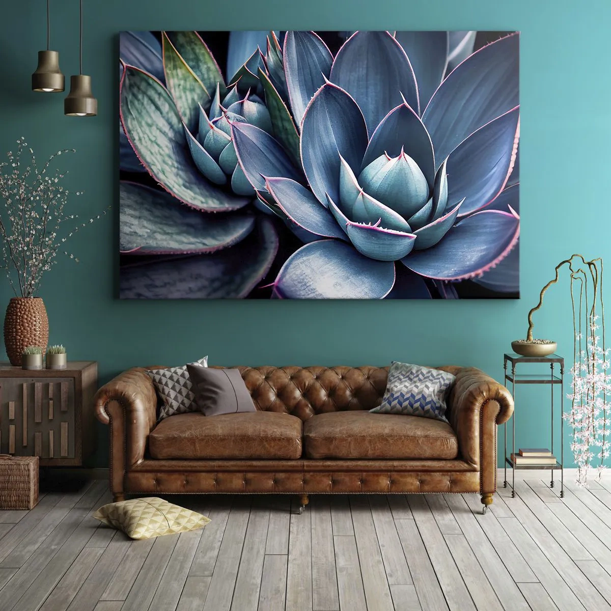 Quadro su tela - Stampe su Tela - Agave nelle tonalità del blu e del verde con accenti rosa - 70x50cm - Forza vitale - Decorazione murale moderna per soggiorno e camera da letto ARTTOR