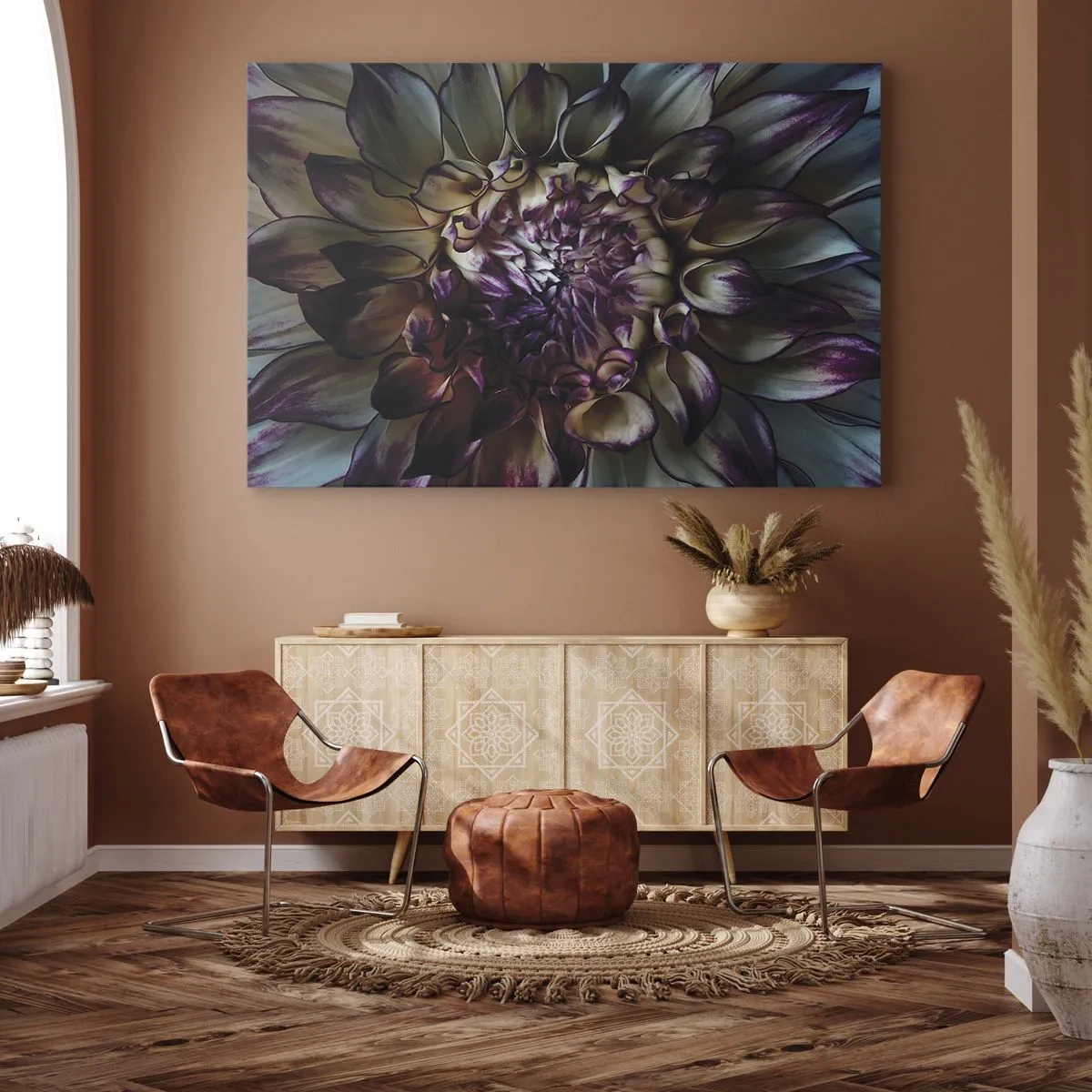 Quadro su tela - Stampe su Tela - Primo piano di un fiore di dalia in toni scuri - 70x50cm - Il rigoglio della giovinezza - Decorazione murale moderna per soggiorno e camera da letto ARTTOR