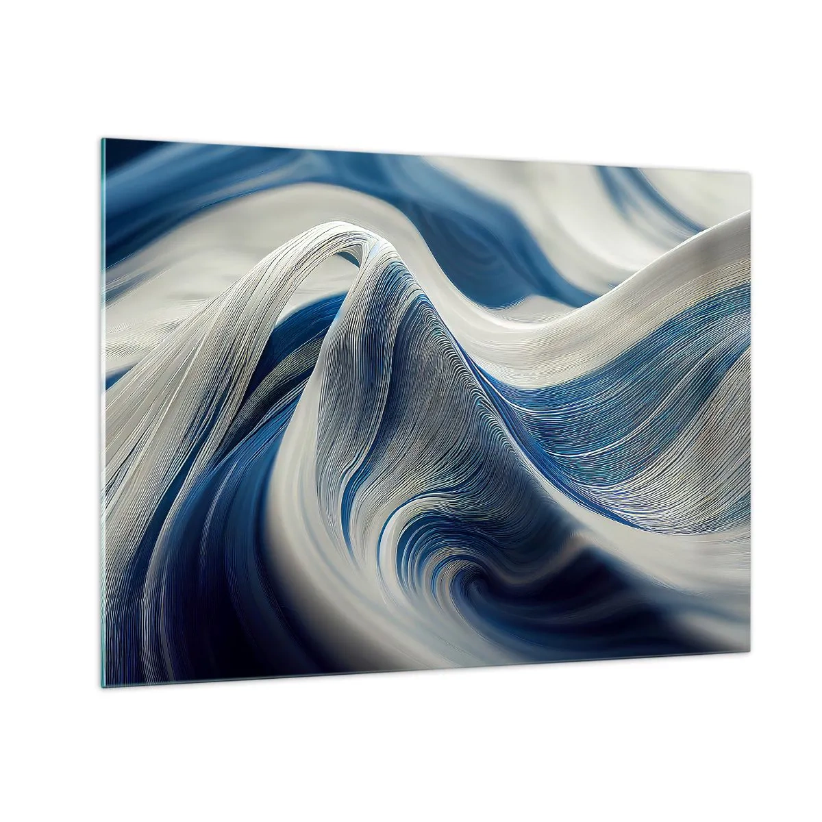 Quadro su vetro - Astrazione dinamica nei toni del blu e del bianco - 70x50cm - Fluidità di blu e di bianco - Decorazione murale moderna per soggiorno e camera da letto ARTTOR