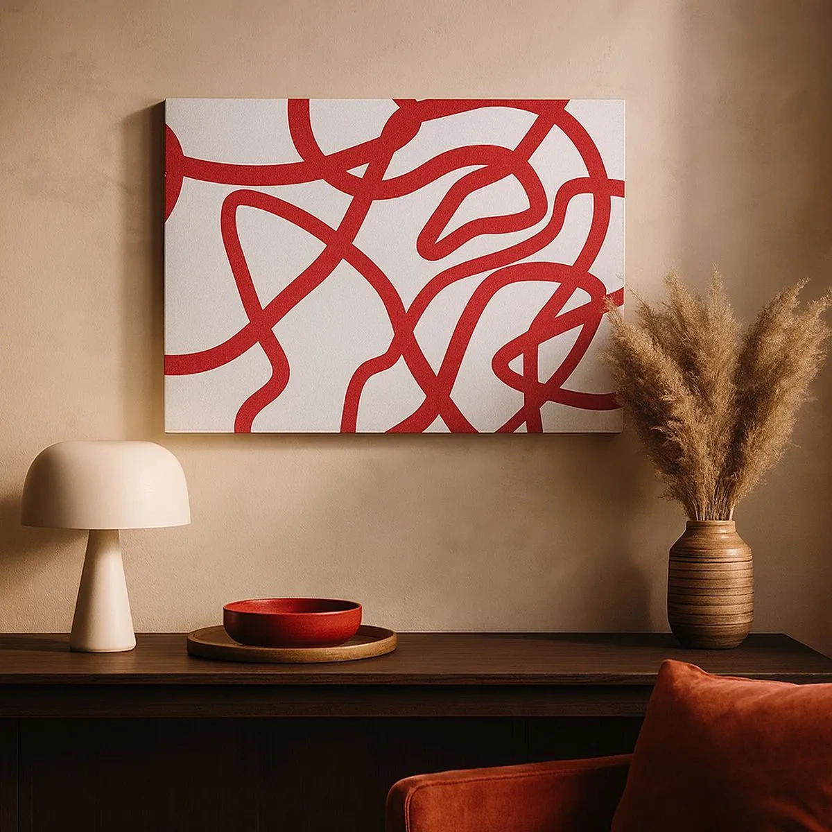 Quadro su tela - Stampe su Tela - Linee astratte rosse su sfondo bianco - 70x50cm - Rosso su bianco - Decorazione murale moderna per soggiorno e camera da letto ARTTOR