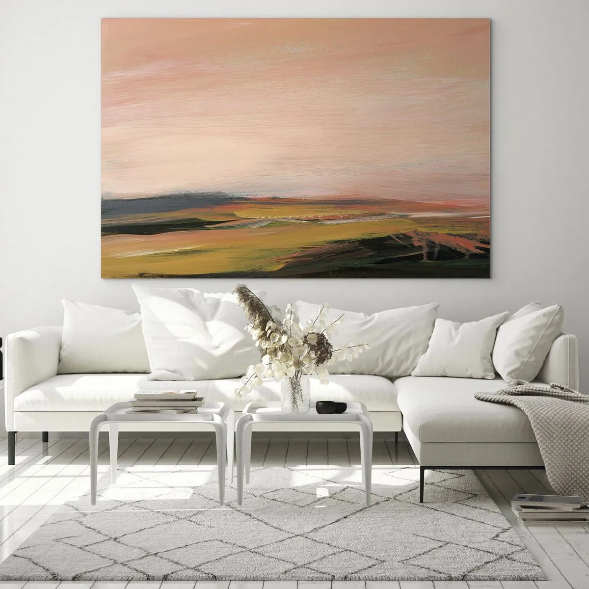 Quadro su vetro - Un paesaggio astratto nelle tonalità del rosa e del verde sporco. - 70x50cm - In tonalità di rosa - Decorazione murale moderna per soggiorno e camera da letto ARTTOR