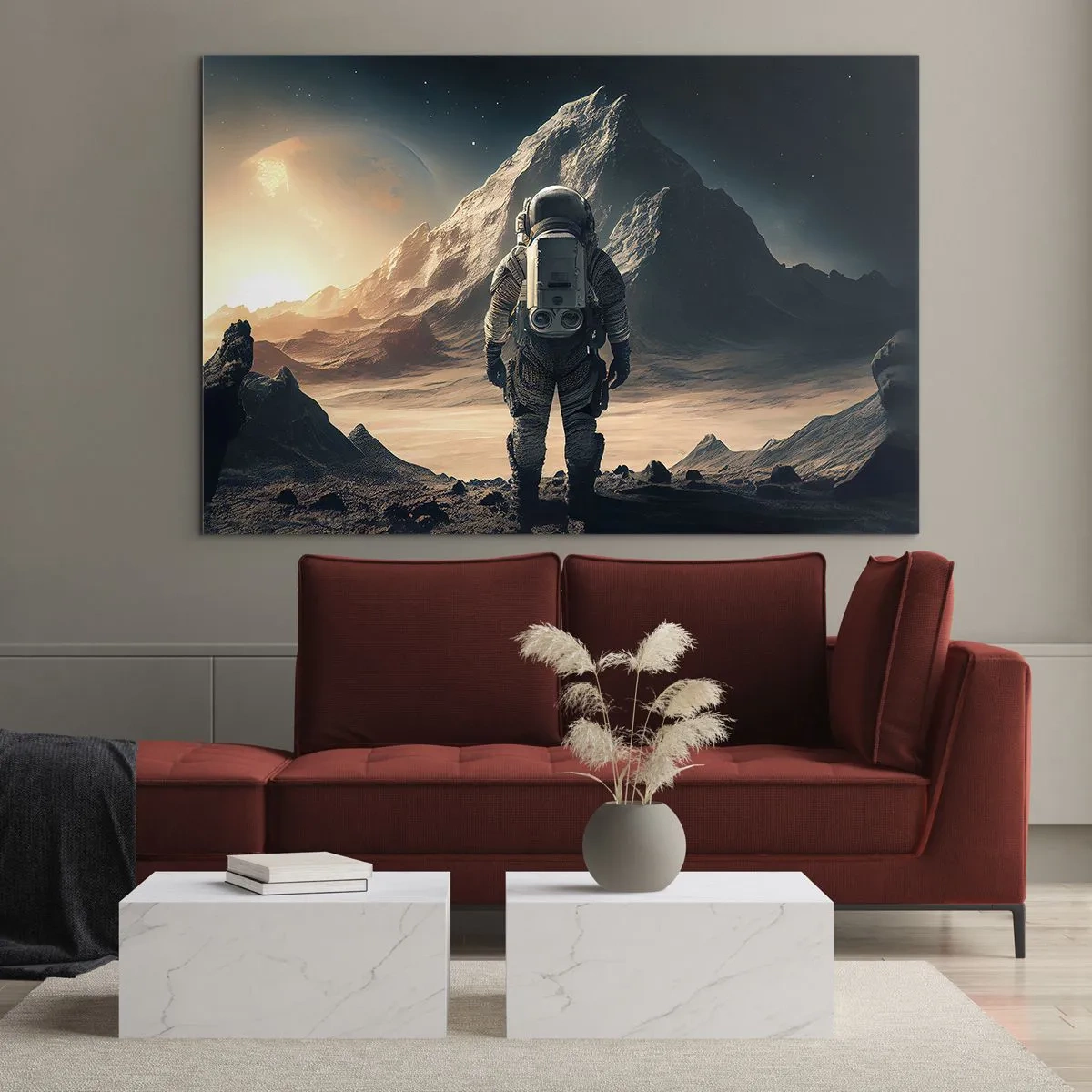 Quadro su vetro - Astronauta su un pianeta alieno con un paesaggio montuoso - 70x50cm - Nuova sfida - Decorazione murale moderna per soggiorno e camera da letto ARTTOR