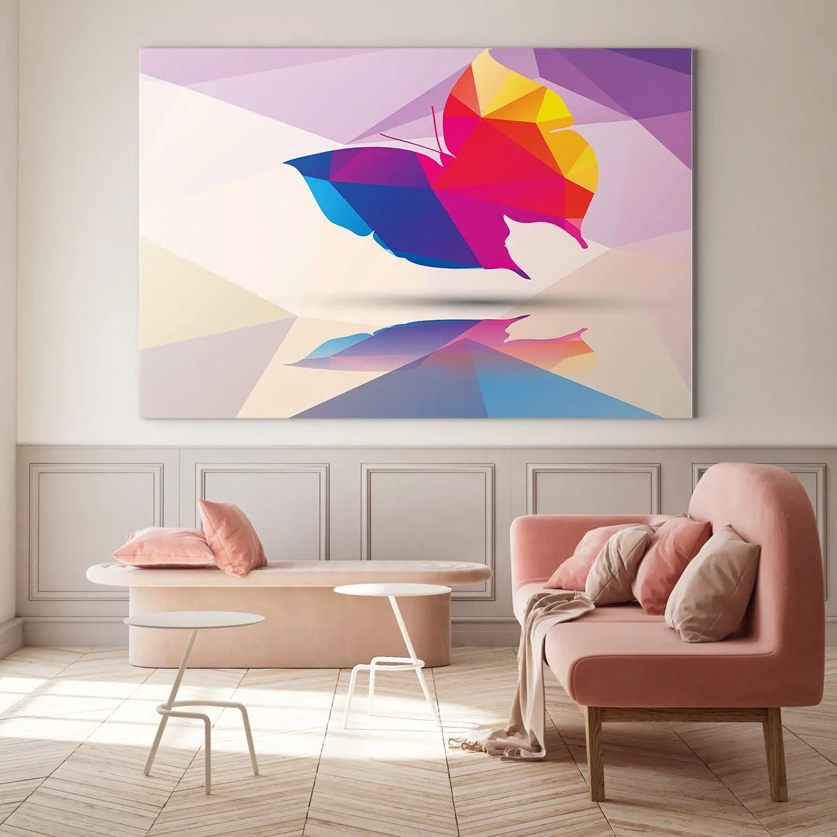 Quadro su vetro - Farfalla geometrica in un'astrazione colorata e brillante - 70x50cm - La farfalla arcobaleno - Decorazione murale moderna per soggiorno e camera da letto ARTTOR
