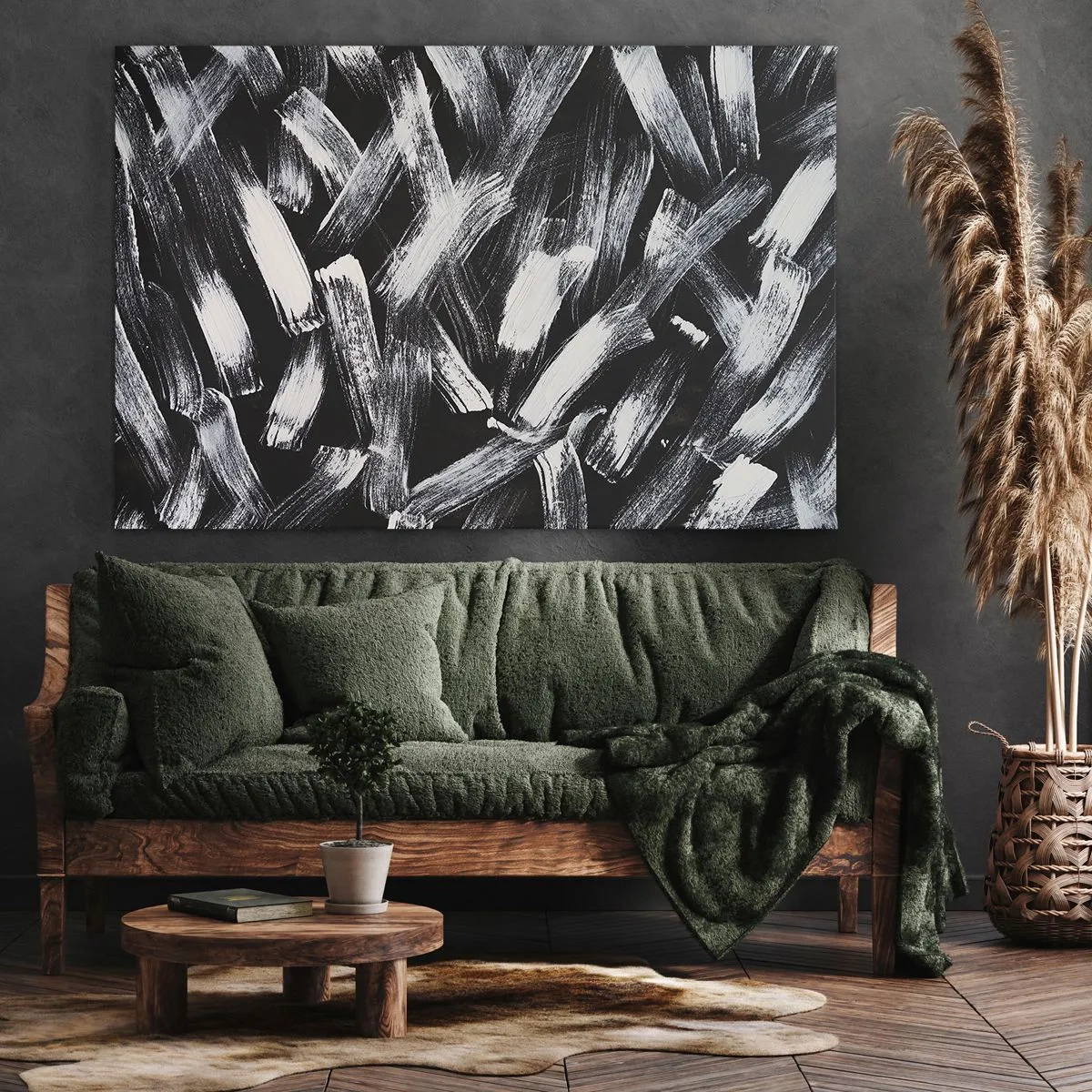 Quadro su tela - Stampe su Tela - Astrazione dinamica con pennellate bianche su sfondo nero. - 70x50cm - Astrazione in spirito industriale - Decorazione murale moderna per soggiorno e camera da letto ARTTOR