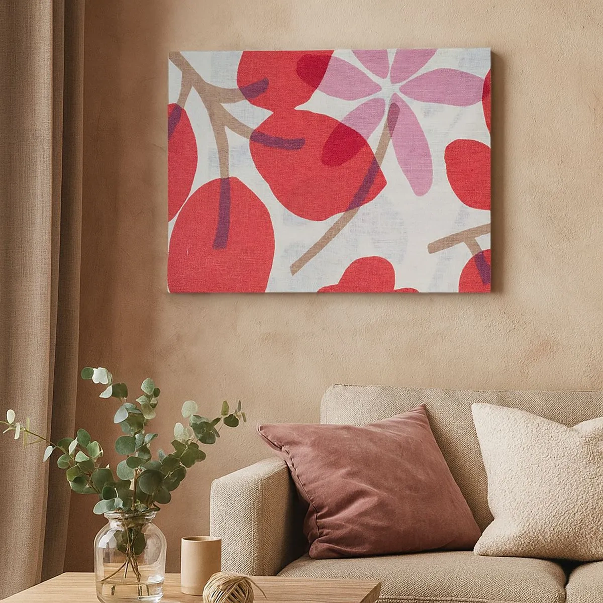 Quadro su tela - Stampe su Tela - Fiori e foglie nelle tonalità del rosso e del rosa - 70x50cm - Composizione di fiori in rosa - Decorazione murale moderna per soggiorno e camera da letto ARTTOR