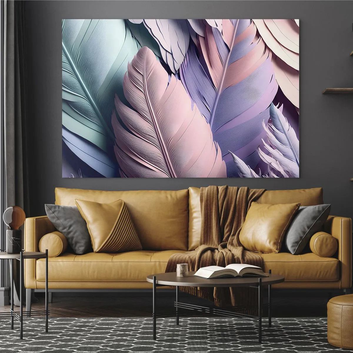 Quadro su vetro - Piume pastello nelle tonalità del rosa, viola e turchese - 70x50cm - Eleganza per uccelli - Decorazione murale moderna per soggiorno e camera da letto ARTTOR