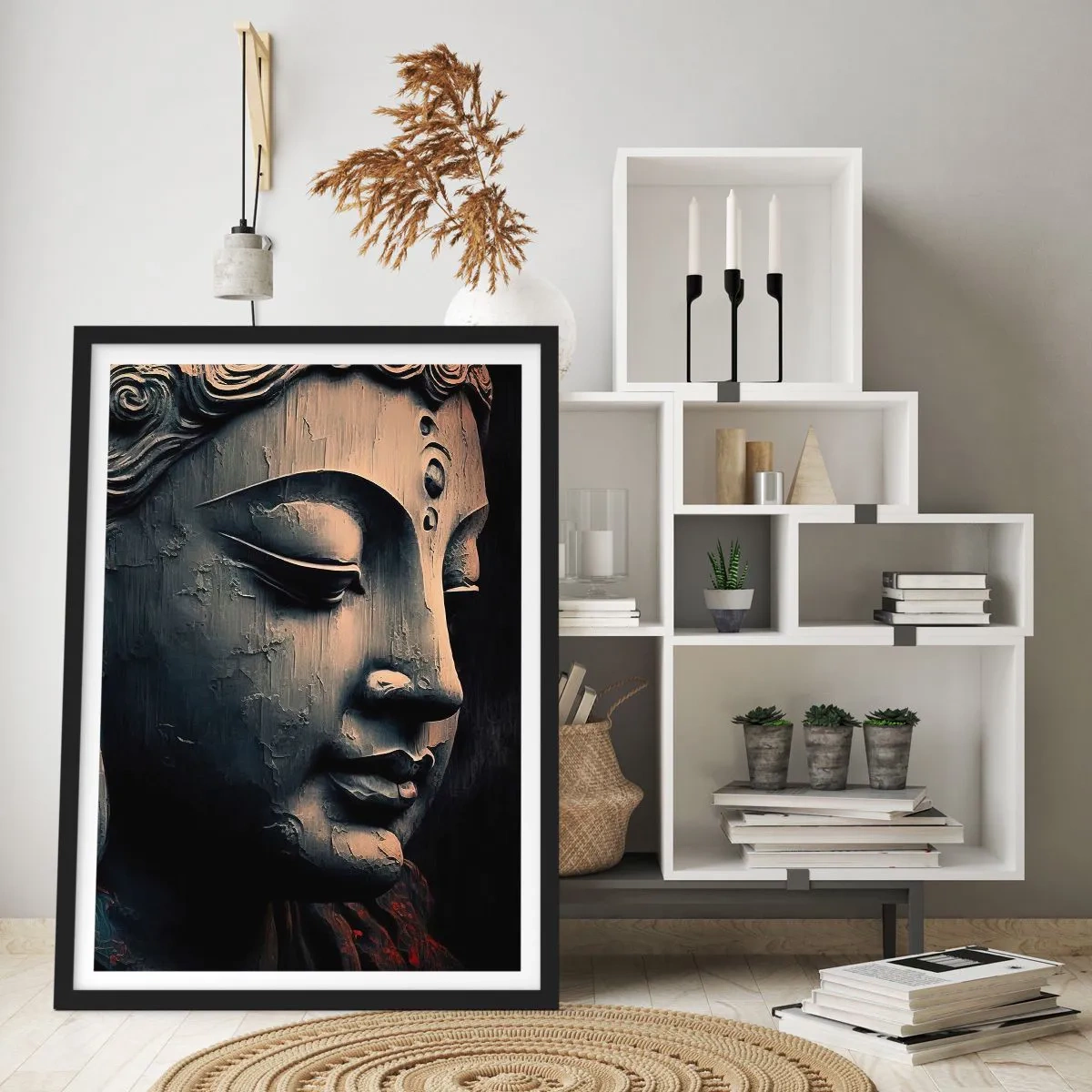 Poster in cornice nera - Primo piano di una scultura del Buddha in luce calda - 50x70cm - In armonia con il mondo - Decorazione murale moderna per soggiorno e camera da letto ARTTOR