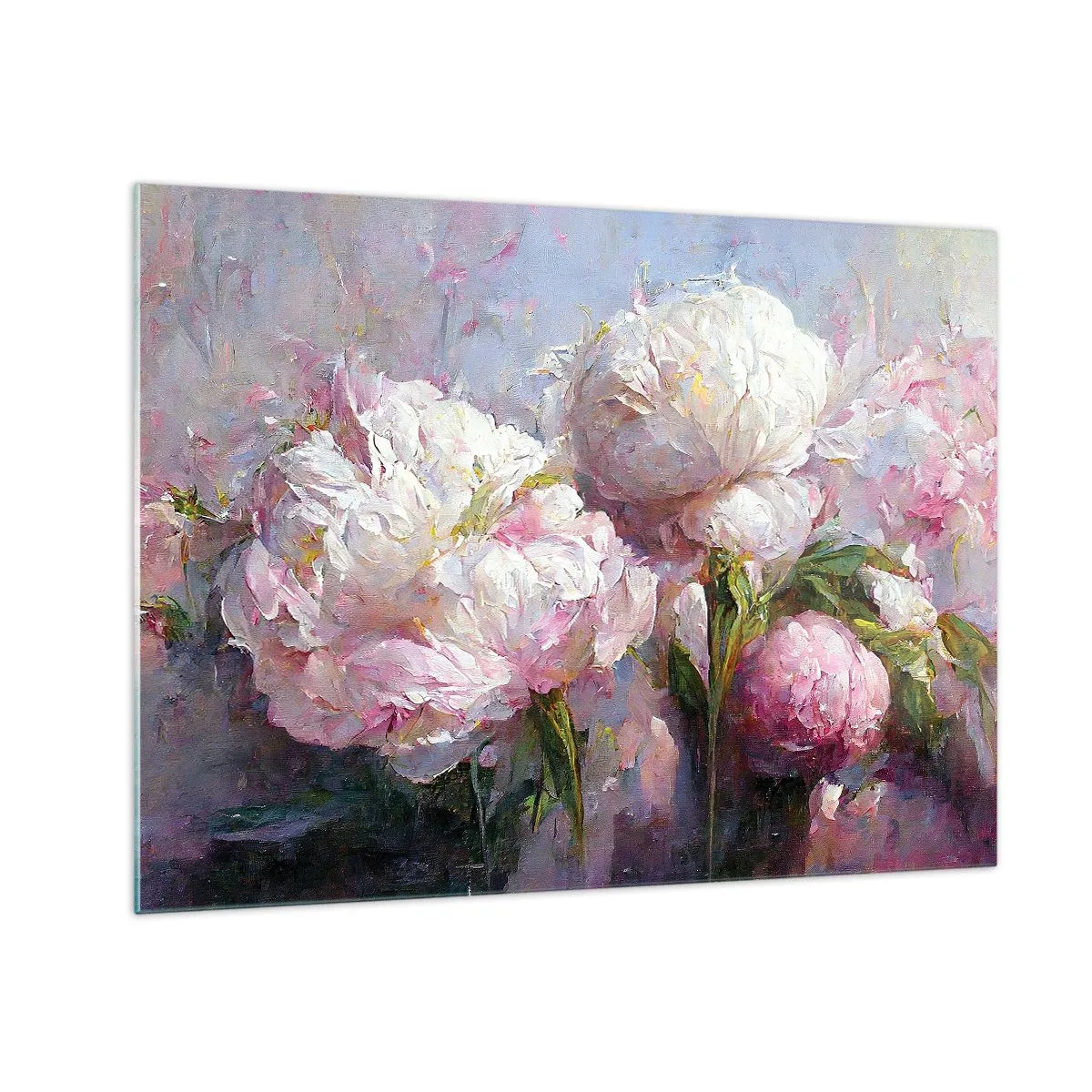 Quadro su vetro - Dipinto ad olio di peonie bianche e rosa in fiore - 70x50cm - Un bouquet pieno di vita - Decorazione murale moderna per soggiorno e camera da letto ARTTOR