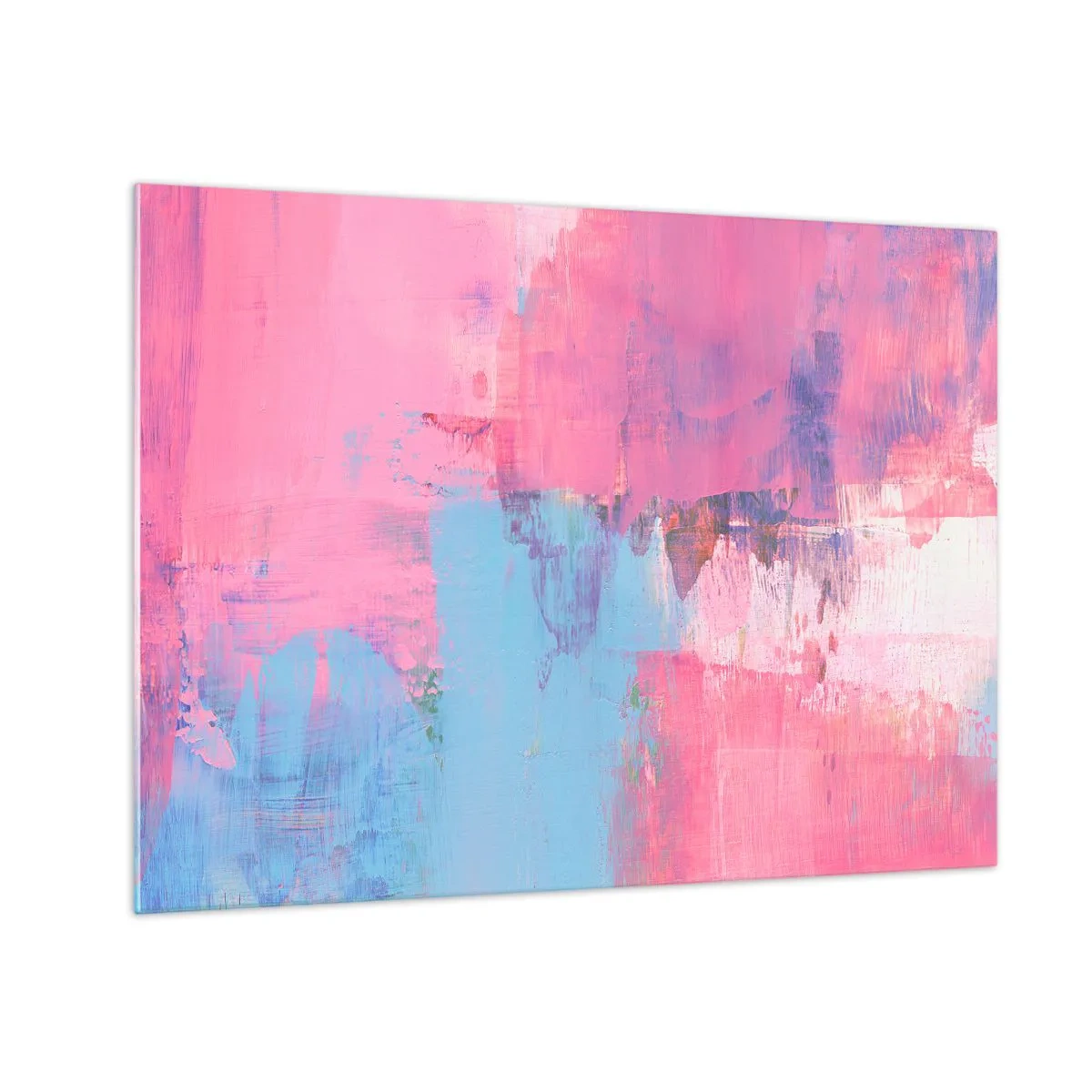 Quadro su vetro - Astrazione energetica nei toni del rosa e del blu - 70x50cm - Rosa, blu e un pizzico di luce - Decorazione murale moderna per soggiorno e camera da letto ARTTOR