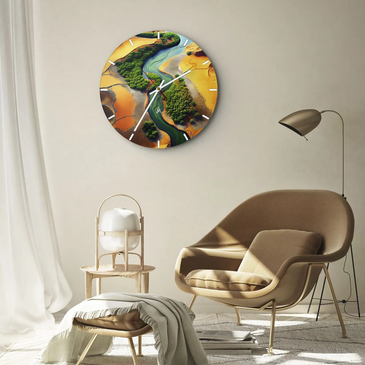Orologio da parete - Orologio in Vetro - Un fiume che serpeggia attraverso un paesaggio desertico verde - 30x30cm - Il fiume della vita - Decorazione murale moderna per soggiorno, cucina e camera da letto ARTTOR
