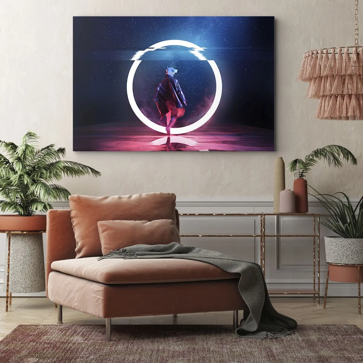Quadro su tela - Stampe su Tela - Un personaggio in un ambiente futuristico con un cerchio al neon - 70x50cm - Tra due mondi - Decorazione murale moderna per soggiorno e camera da letto ARTTOR