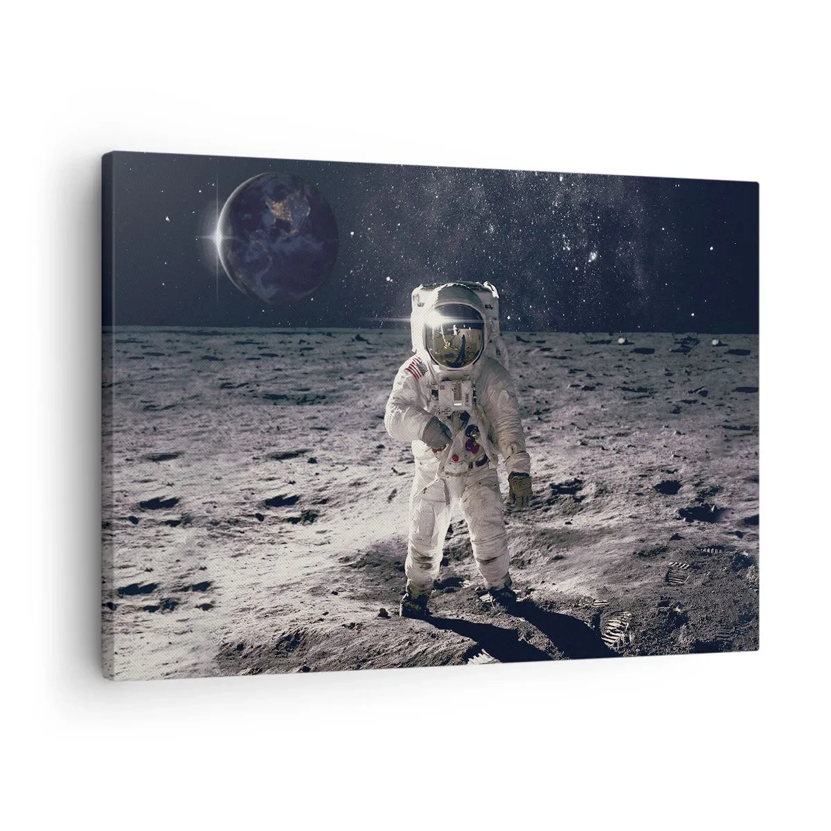 Quadro su tela - Stampe su Tela - Astronauta sulla superficie della Luna con la Terra sullo sfondo - 70x50cm - Saluti dalla luna - Decorazione murale moderna per soggiorno e camera da letto ARTTOR
