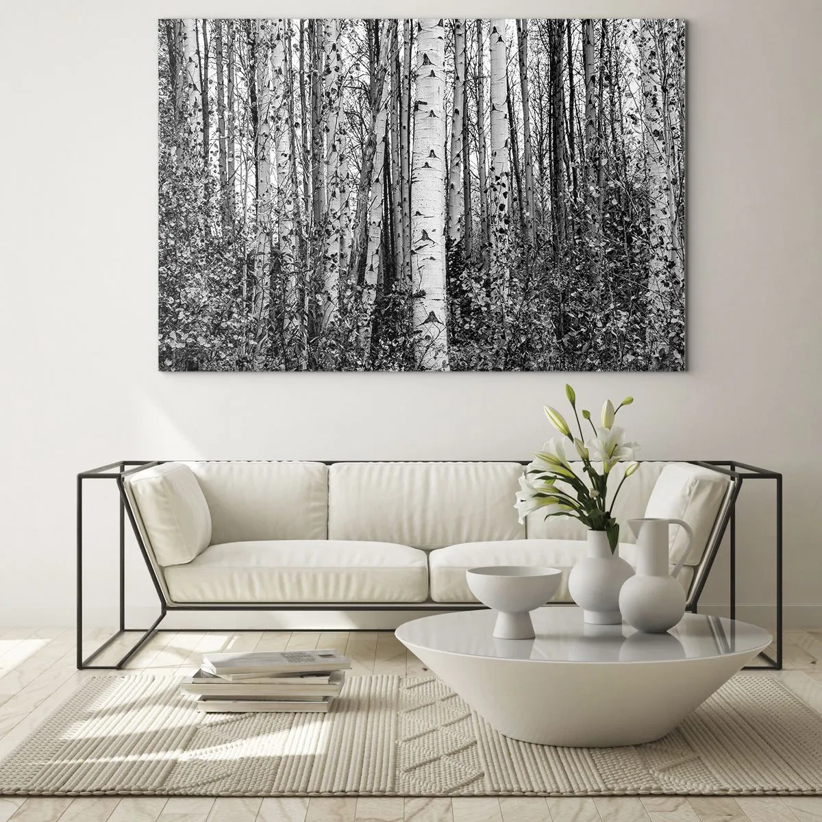 Quadro su vetro - Betulle bianche e nere creano un paesaggio forestale denso - 70x50cm - Colonnato di betulle - Decorazione murale moderna per soggiorno e camera da letto ARTTOR