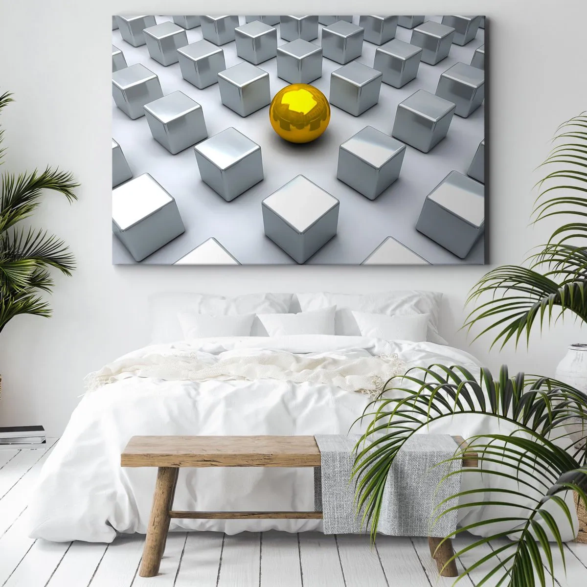 Quadro su tela - Stampe su Tela - Una sfera dorata che spicca tra i cubi d'argento - 70x50cm - Perché io? Composizione geometrica - Decorazione murale moderna per soggiorno e camera da letto ARTTOR