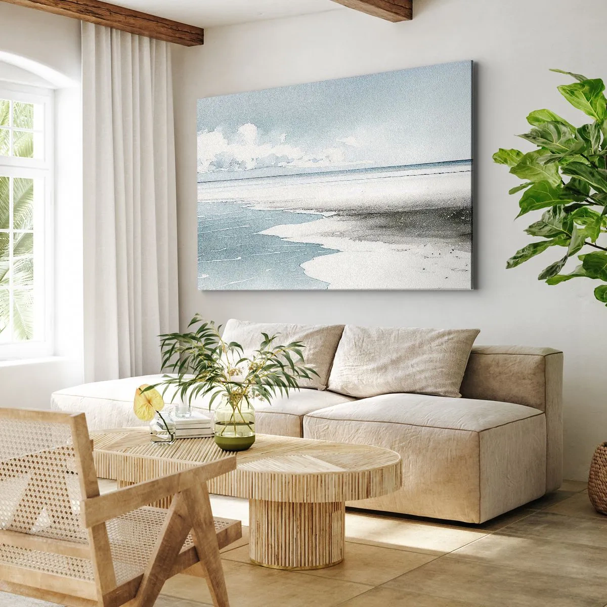 Quadro su tela - Stampe su Tela - Un mare calmo e una spiaggia dalle tonalità chiare di blu - 70x50cm - Marea dolce - Decorazione murale moderna per soggiorno e camera da letto ARTTOR