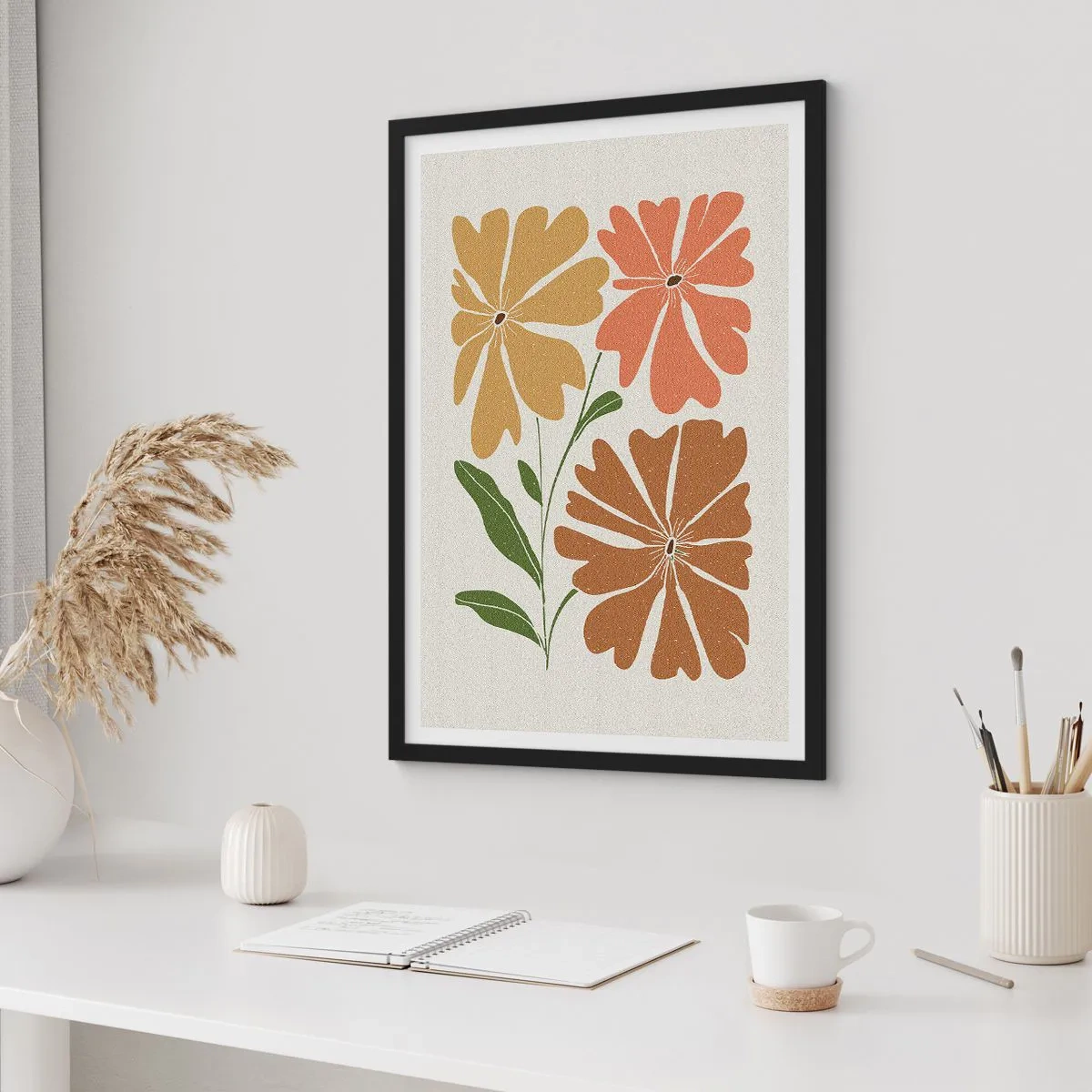 Poster in cornice nera - Fiori minimalisti in tonalità calde - 50x70cm - Natura e geometria - Decorazione murale moderna per soggiorno e camera da letto ARTTOR