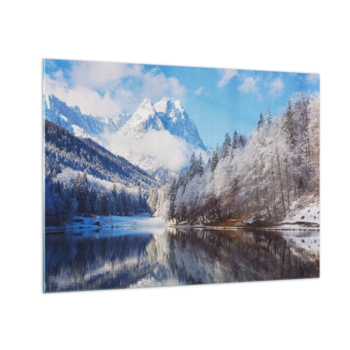 Quadro su vetro - Paesaggio invernale con montagne e un lago ghiacciato - 70x50cm - Il custode innevato - Decorazione murale moderna per soggiorno e camera da letto ARTTOR