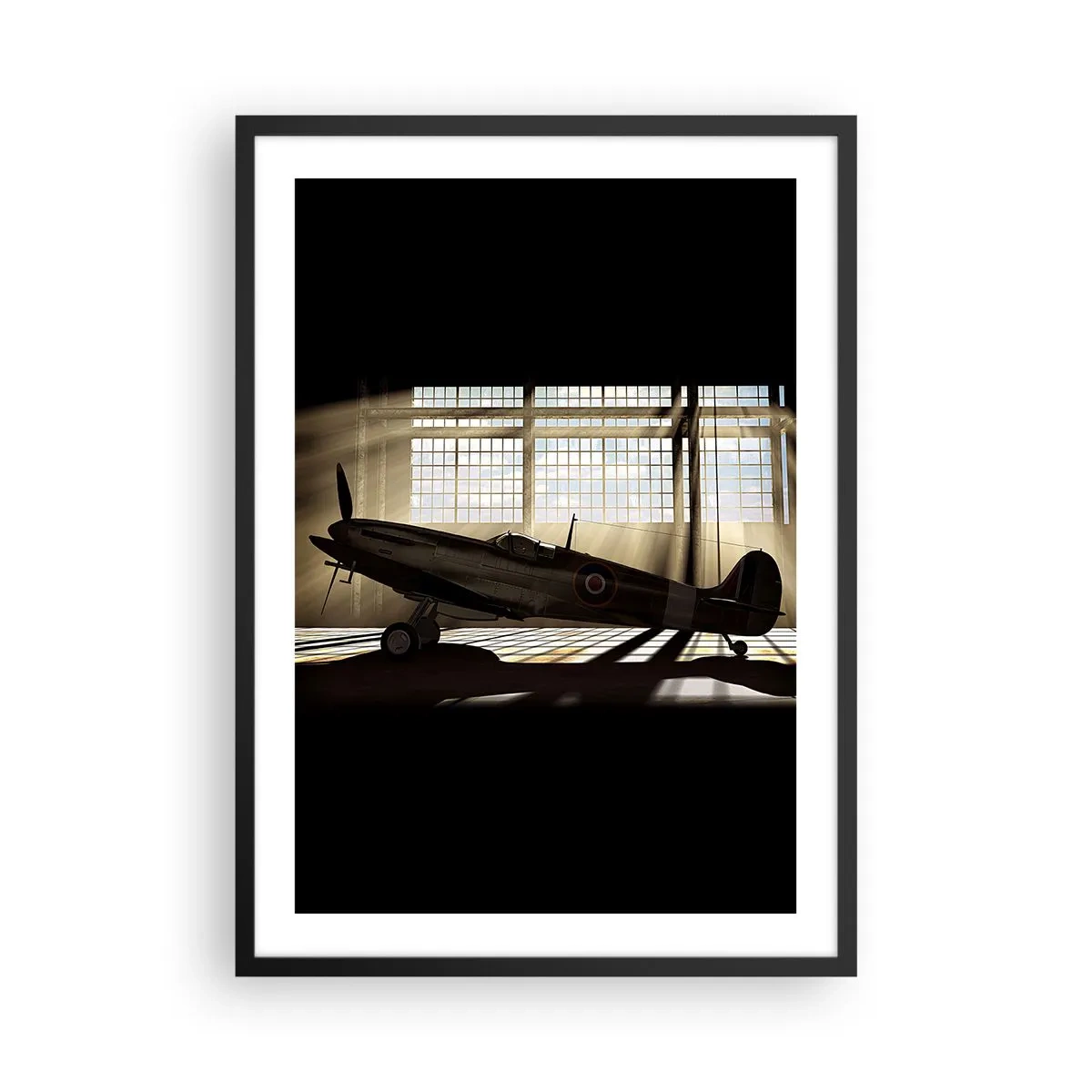 Poster in cornice nera - Aereo storico nell'hangar con raggi di sole - 50x70cm - Il riposo del guerriero - Decorazione murale moderna per soggiorno e camera da letto ARTTOR