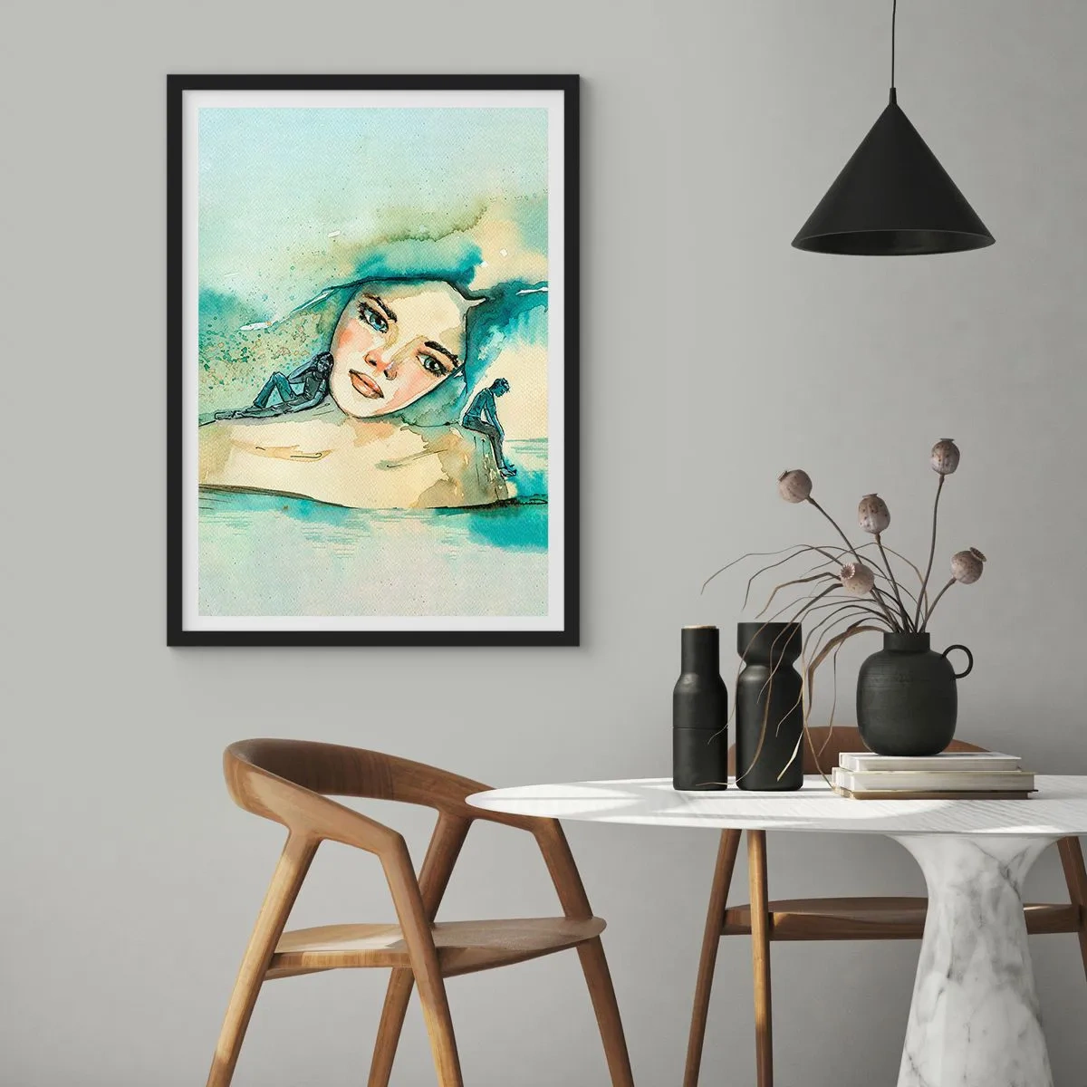 Poster in cornice nera - Ritratto di una donna in stile acquerello artistico - 50x70cm - Am I blue? - Decorazione murale moderna per soggiorno e camera da letto ARTTOR