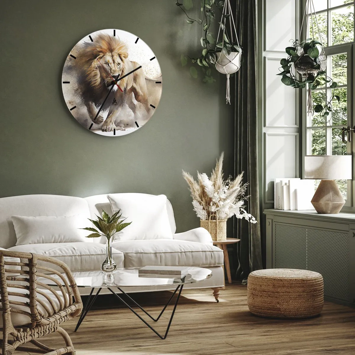 Orologio da parete - Orologio in Vetro - Ripresa dinamica di un leone in movimento su uno sfondo bianco con effetto polvere. - 30x30cm - Il re si è mosso - Decorazione murale moderna per soggiorno, cucina e camera da letto ARTTOR