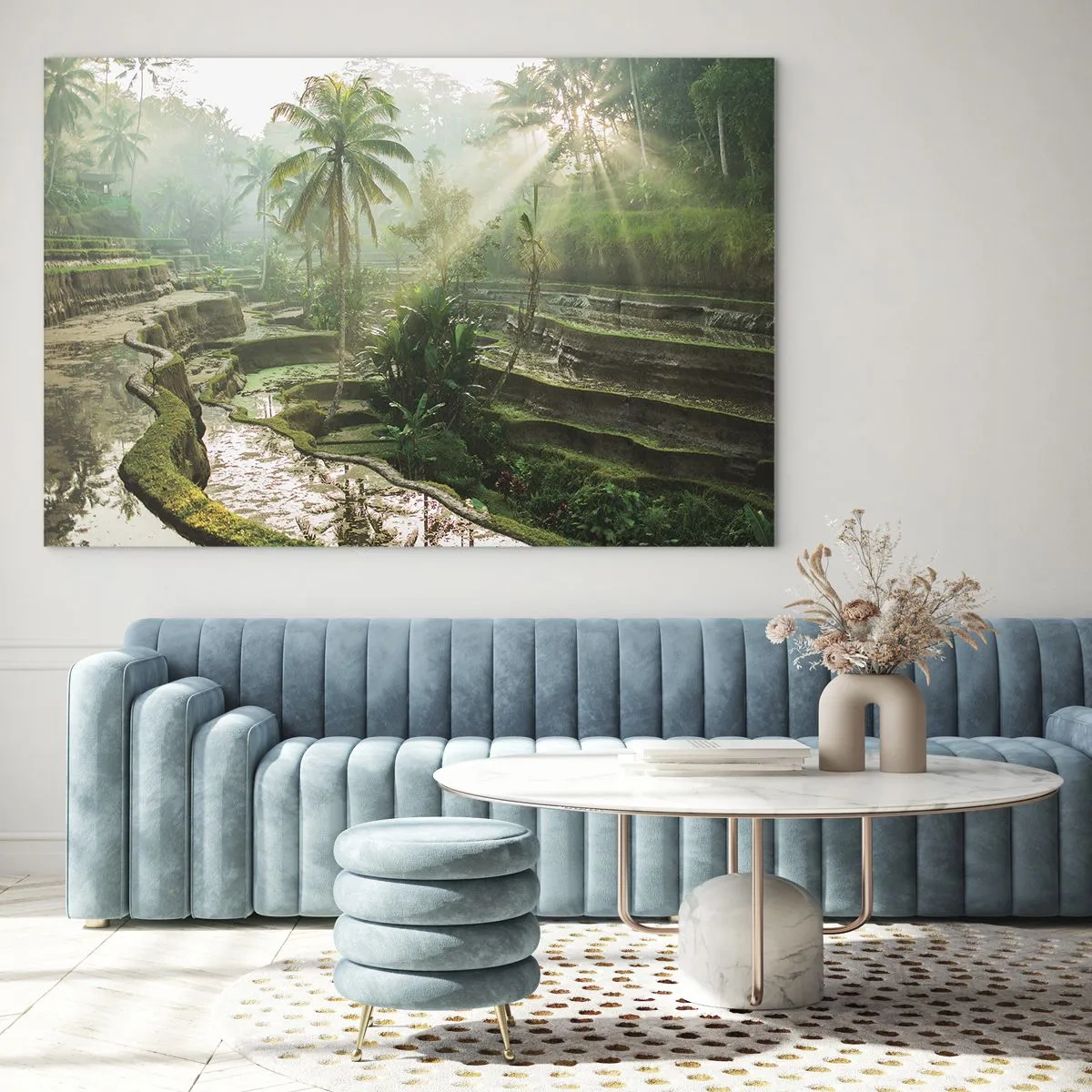 Quadro su vetro - Risaie tropicali con palme nella nebbia mattutina - 70x50cm - Crescere al sole - Decorazione murale moderna per soggiorno e camera da letto ARTTOR