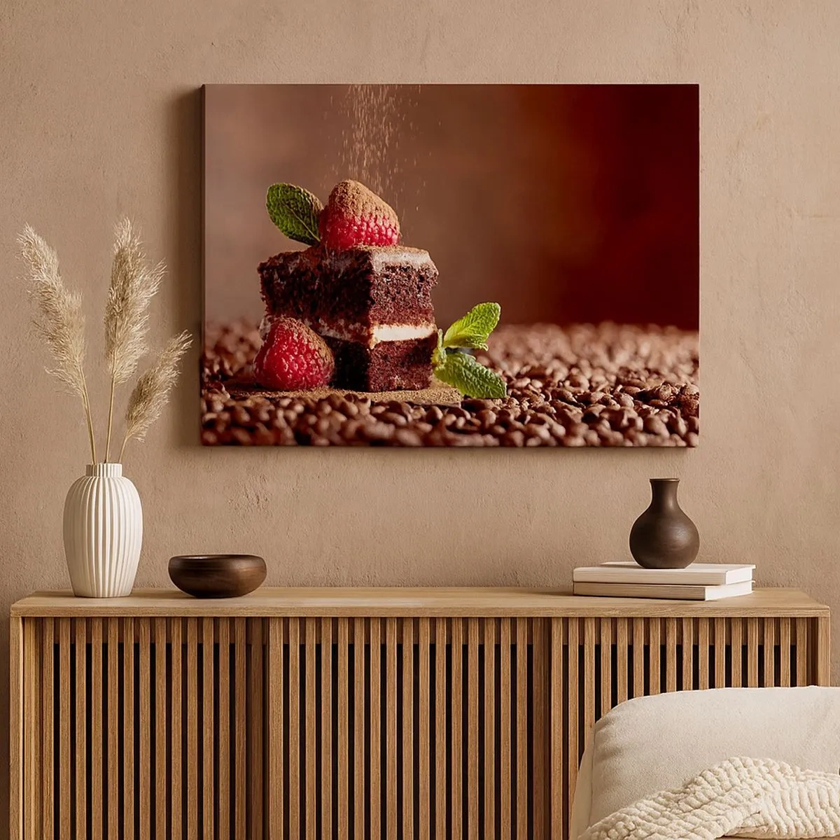 Quadro su tela - Stampe su Tela - Torta al cioccolato con lamponi e menta su uno sfondo di fave di cacao - 70x50cm - La vita è dolce - Decorazione murale moderna per soggiorno e camera da letto ARTTOR