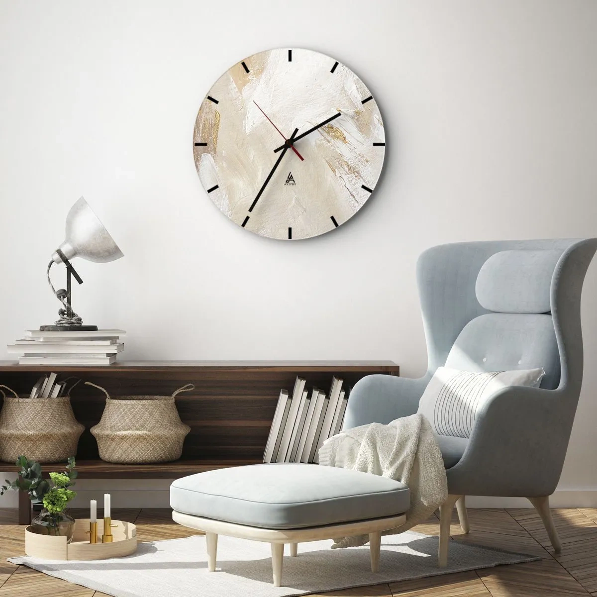 Orologio da parete - Orologio in Vetro - Composizione di vernice beige e bianca con texture a pennello - 30x30cm - Composizione pastello - Decorazione murale moderna per soggiorno, cucina e camera da letto ARTTOR