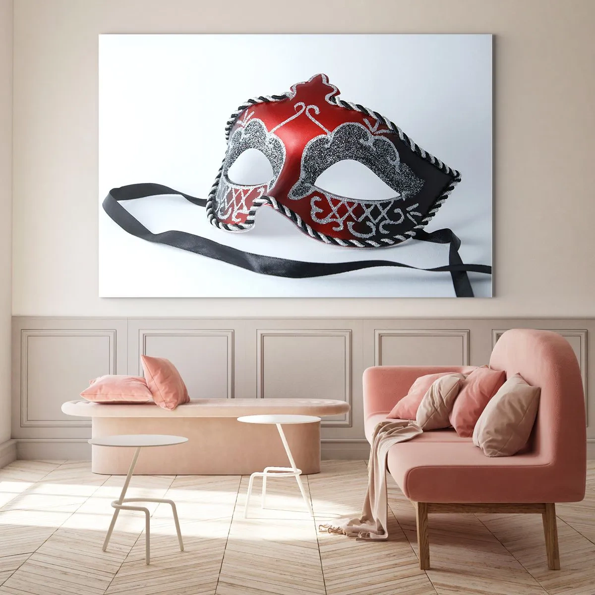 Quadro su vetro - Maschera di carnevale in rosso e argento - 70x50cm - Invito al ballo - Decorazione murale moderna per soggiorno e camera da letto ARTTOR