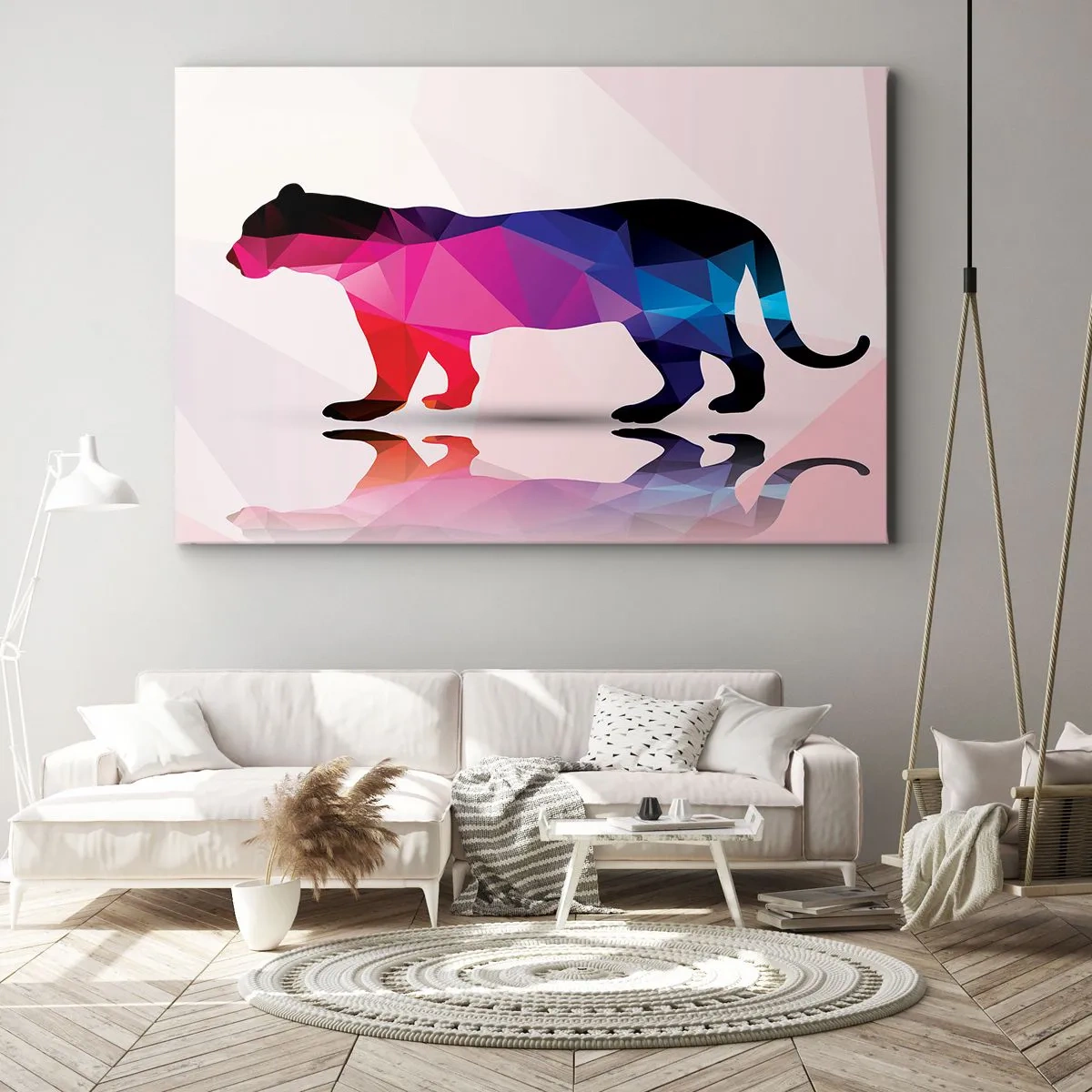 Quadro su tela - Stampe su Tela - Silhouette geometrica di pantera nei toni del rosa e del blu - 70x50cm - La pantera di diamante - Decorazione murale moderna per soggiorno e camera da letto ARTTOR