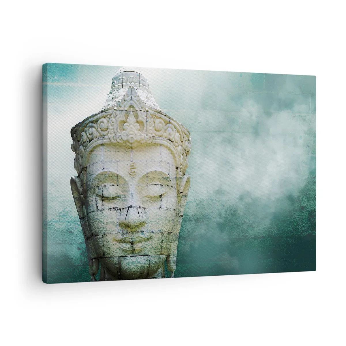 Quadro su tela - Stampe su Tela - Statua del Buddha con una leggera nebbia su uno sfondo verde - 70x50cm - Cercando la luce - Decorazione murale moderna per soggiorno e camera da letto ARTTOR