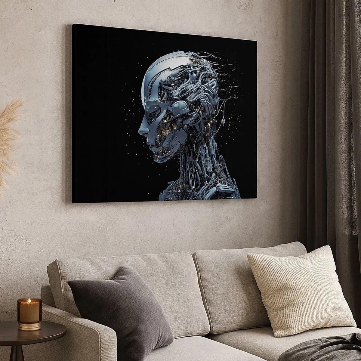 Quadro su tela - Stampe su Tela - Ritratto futuristico di un cyborg in stile industriale su sfondo nero. - 70x50cm - La tecnologia è donna - Decorazione murale moderna per soggiorno e camera da letto ARTTOR