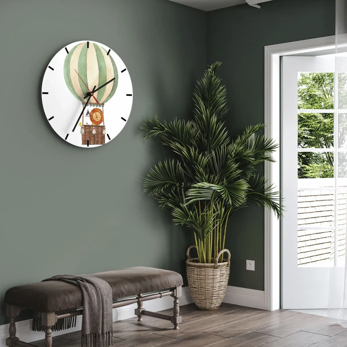 Orologio da parete - Orologio in Vetro - Un leone e un'anatra in un palloncino su uno sfondo bianco - 30x30cm - I viaggi del leone - Decorazione murale moderna per soggiorno, cucina e camera da letto ARTTOR