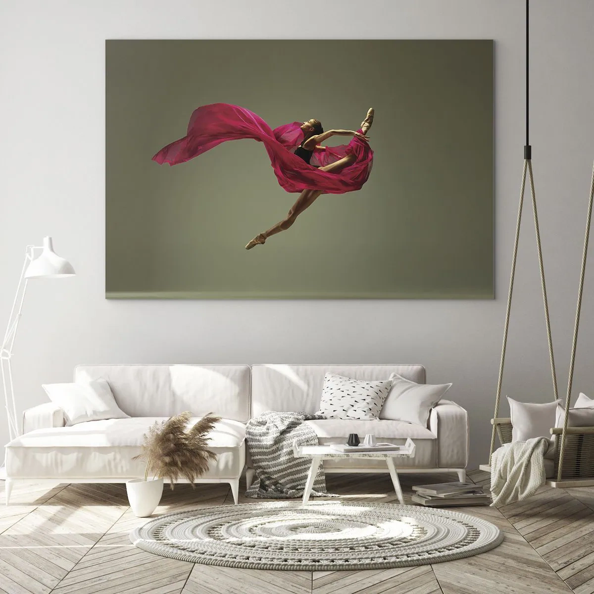 Quadro su vetro - Una ballerina in volo con un tessuto fucsia fluente - 70x50cm - Fiamma danzante - Decorazione murale moderna per soggiorno e camera da letto ARTTOR