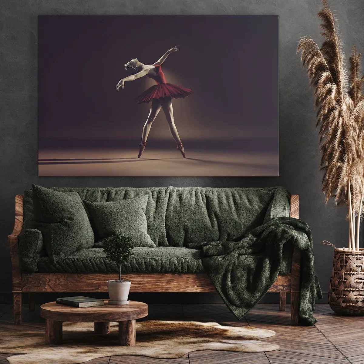 Quadro su tela - Stampe su Tela - Una ballerina in abito rosso sullo sfondo di un palco - 70x50cm - Prima ballerina - Decorazione murale moderna per soggiorno e camera da letto ARTTOR