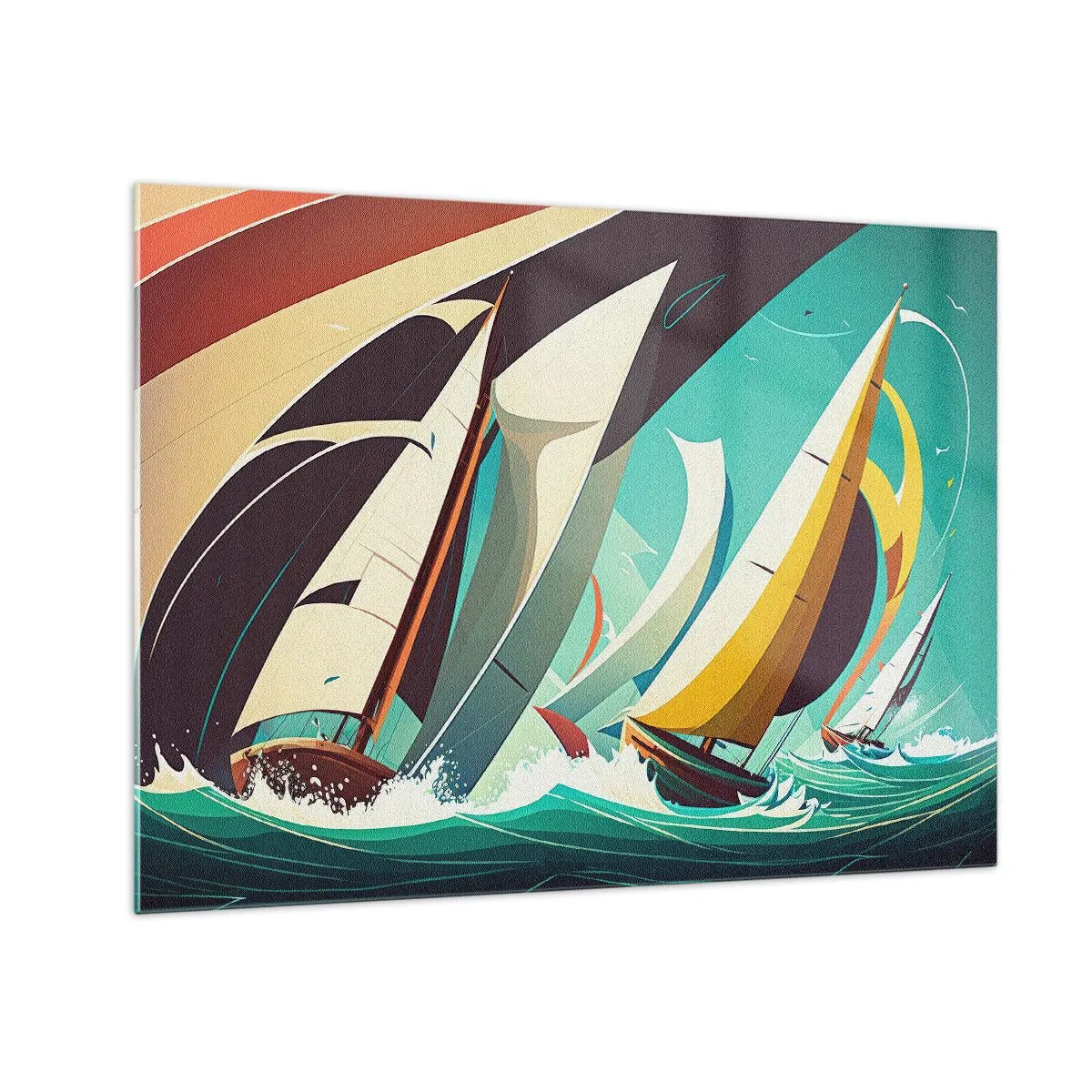 Quadro su vetro - Illustrazione in stile retrò di barche a vela in un mare in tempesta - 70x50cm - Compagne degli elementi - Decorazione murale moderna per soggiorno e camera da letto ARTTOR