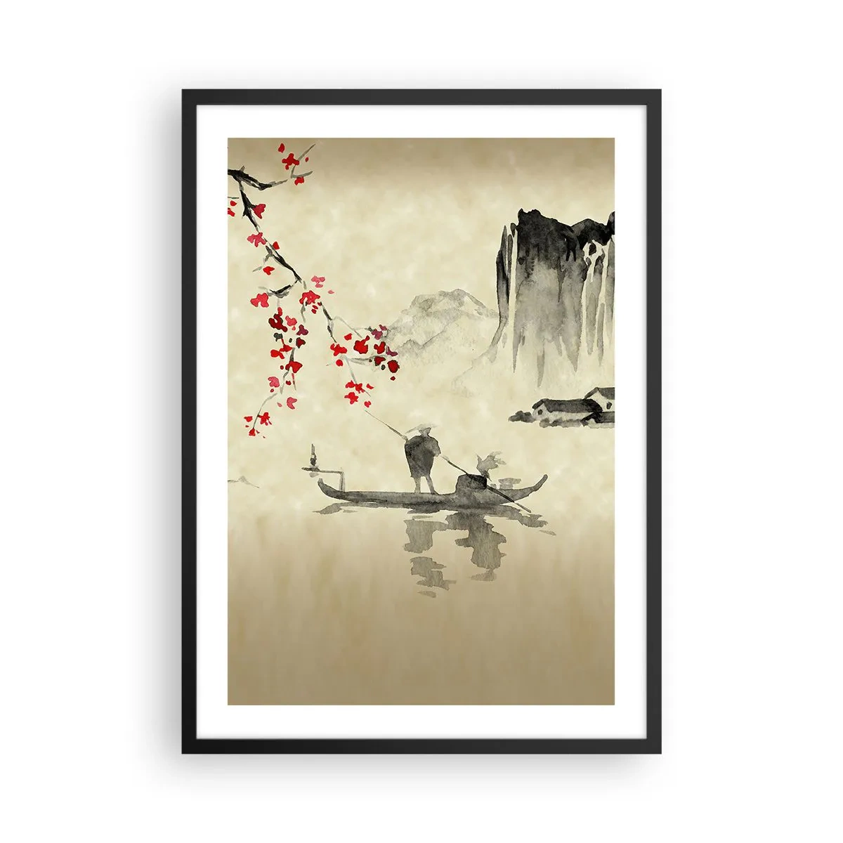 Poster in cornice nera - Scena orientale con pescatori su una barca - 50x70cm - Nel paese dei ciliegi in fiore - Decorazione murale moderna per soggiorno e camera da letto ARTTOR