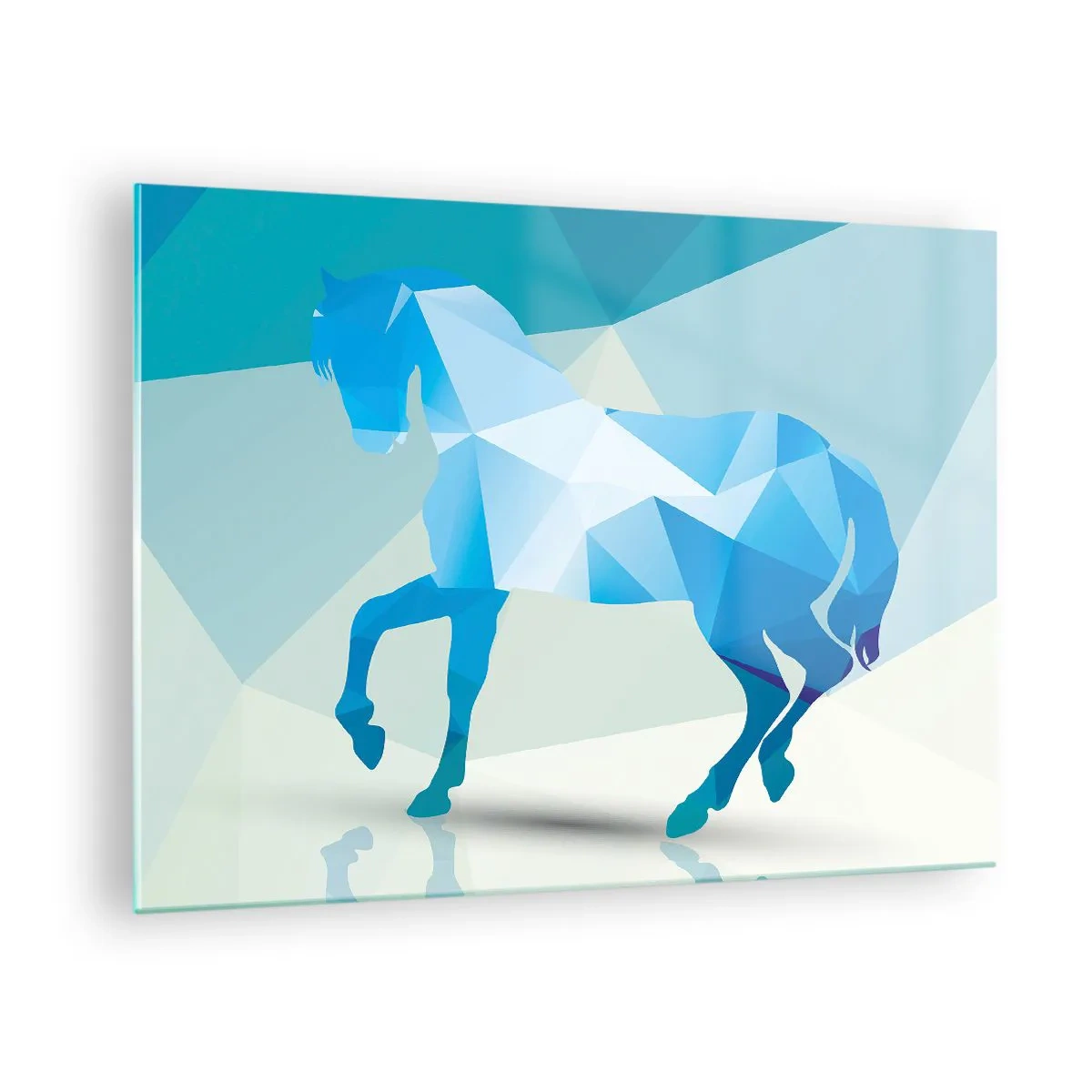 Quadro su vetro - Cavallo geometrico nei toni del blu e del bianco - 70x50cm - Cavallo geometrico nel turchese - Decorazione murale moderna per soggiorno e camera da letto ARTTOR