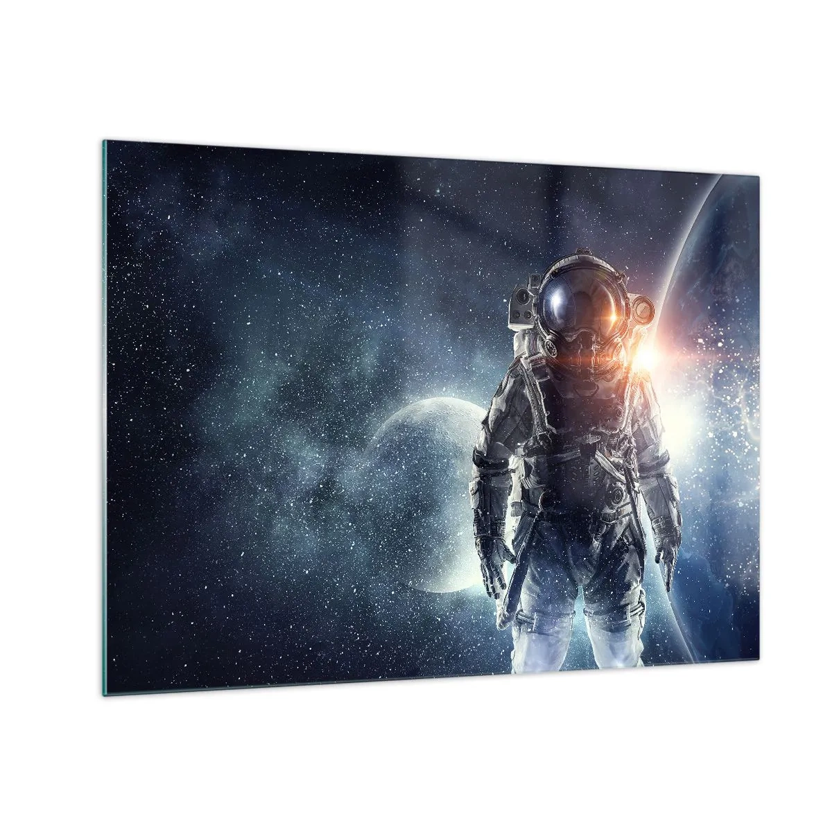 Quadro su vetro - Astronauta sullo sfondo di pianeti e stelle - 70x50cm - Avventura nello spazio - Decorazione murale moderna per soggiorno e camera da letto ARTTOR