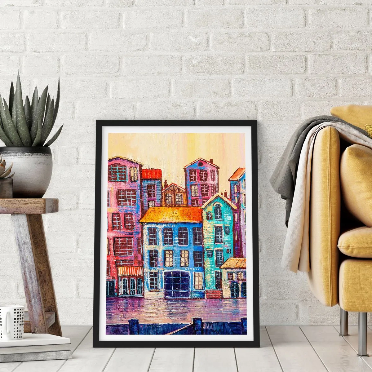 Poster in cornice nera - Colorate case popolari in riva all'acqua in stile pittorico - 50x70cm - Una città da favola - Decorazione murale moderna per soggiorno e camera da letto ARTTOR