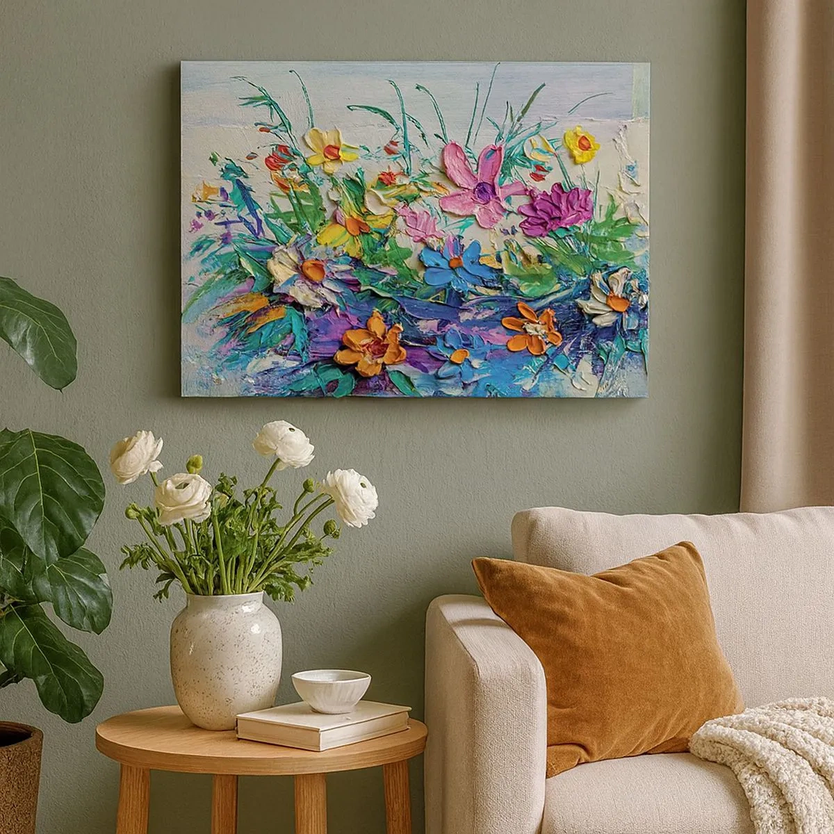 Quadro su tela - Stampe su Tela - Un colorato mazzo di fiori dipinto con la tecnica dell'impasto - 70x50cm - Natura per niente morta - Decorazione murale moderna per soggiorno e camera da letto ARTTOR