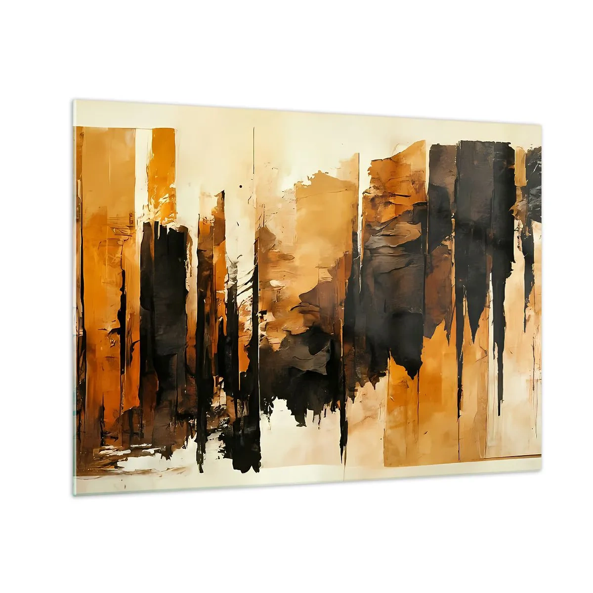 Quadro su vetro - Astrazione marrone-dorata con strutture verticali - 70x50cm - Armonia di nero e oro - Decorazione murale moderna per soggiorno e camera da letto ARTTOR