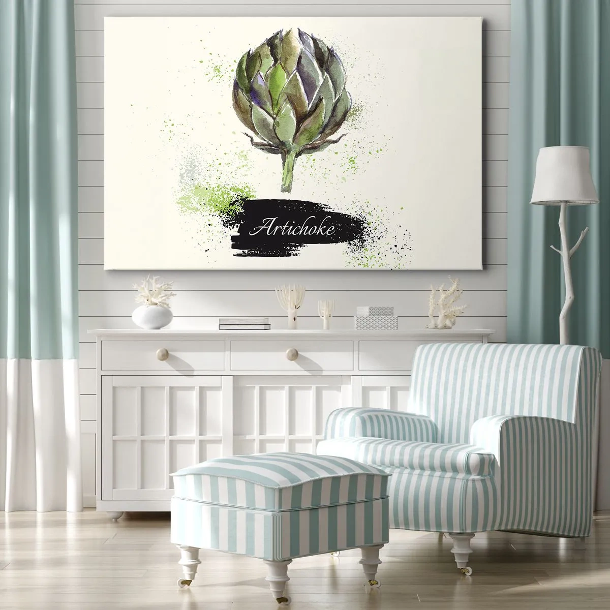 Quadro su tela - Stampe su Tela - Carciofo acquerello con testo su sfondo chiaro con accenti verdi - 70x50cm - Evviva la verdura! - Decorazione murale moderna per soggiorno e camera da letto ARTTOR