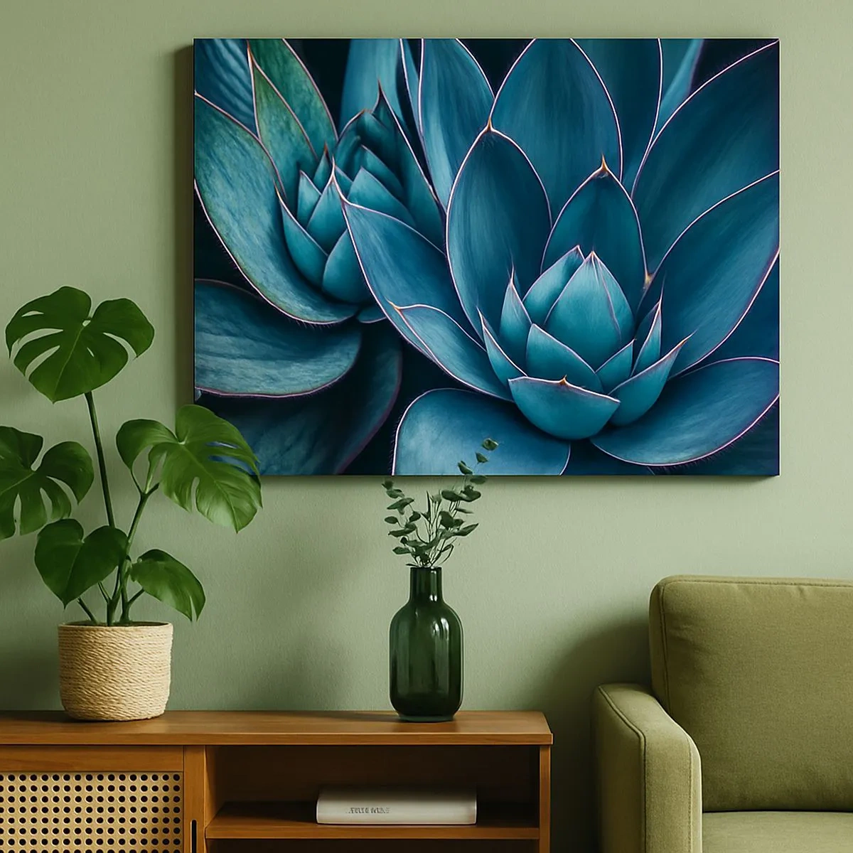 Quadro su tela - Stampe su Tela - Agave nelle tonalità del blu e del verde con accenti rosa - 70x50cm - Forza vitale - Decorazione murale moderna per soggiorno e camera da letto ARTTOR