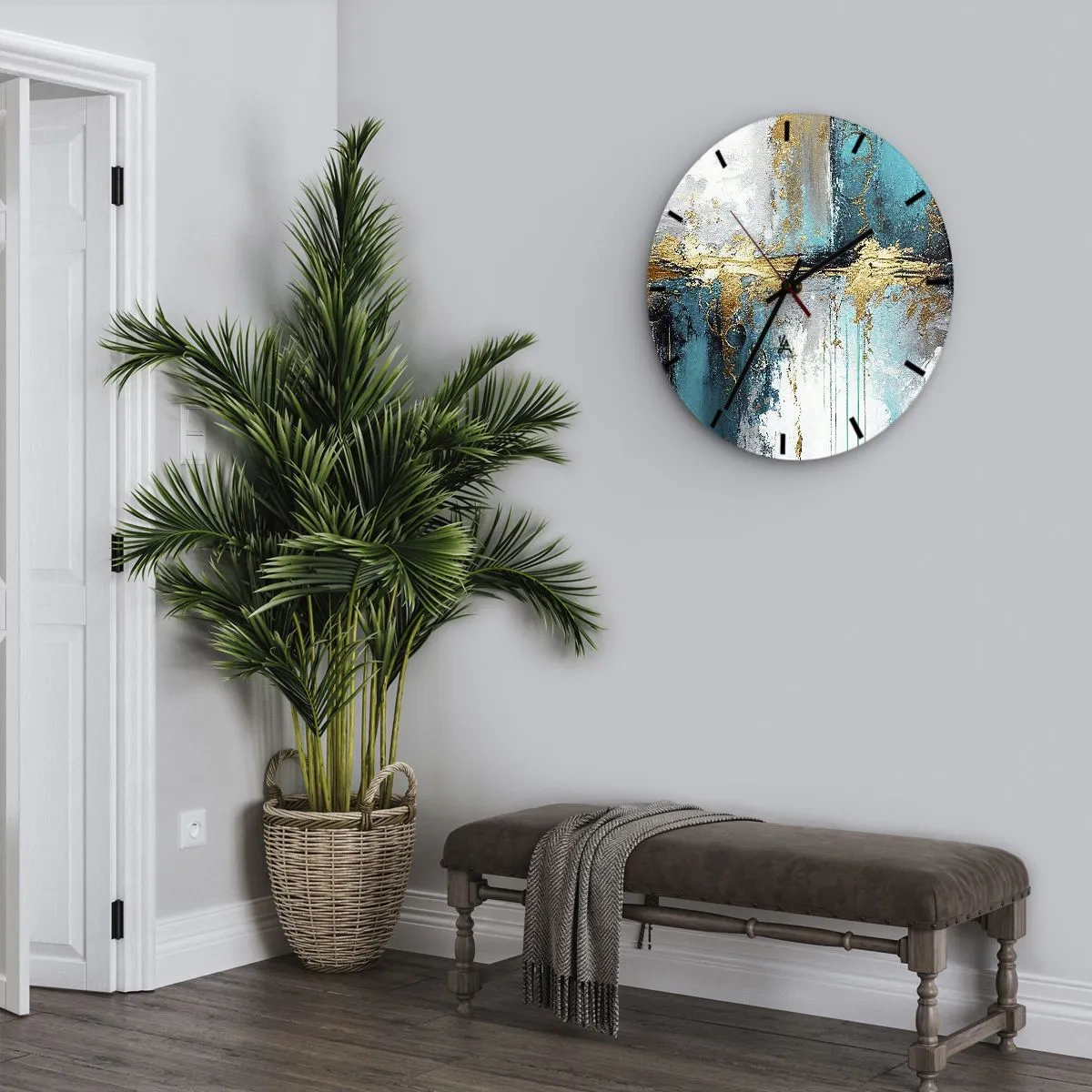Orologio da parete - Orologio in Vetro - Pennellate astratte in turchese, bianco e oro - 30x30cm - Panta rei - Decorazione murale moderna per soggiorno, cucina e camera da letto ARTTOR