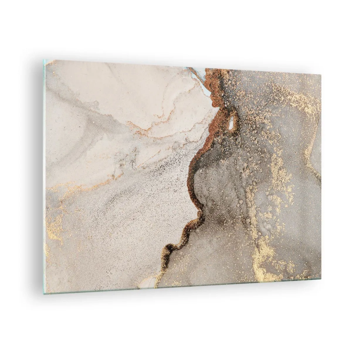 Quadro su vetro - Composizione astratta con beige, oro e grafite - 70x50cm - Ai confini del colore - Decorazione murale moderna per soggiorno e camera da letto ARTTOR